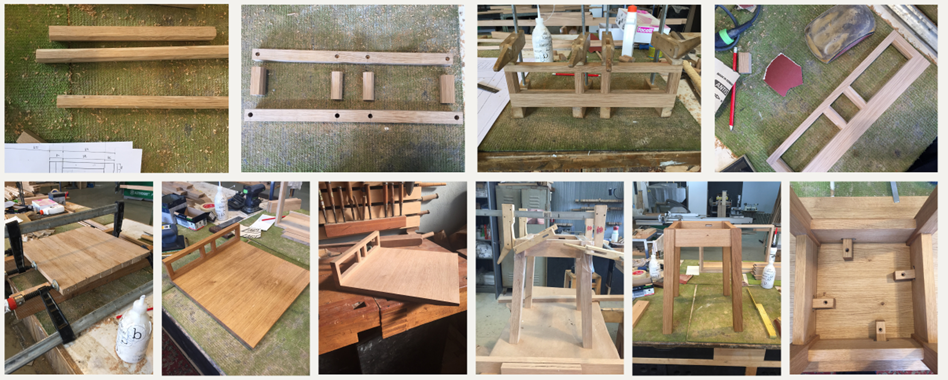 Nao stool development process: cutting, drilling, assembling, gluing and finishing the oak wood components
