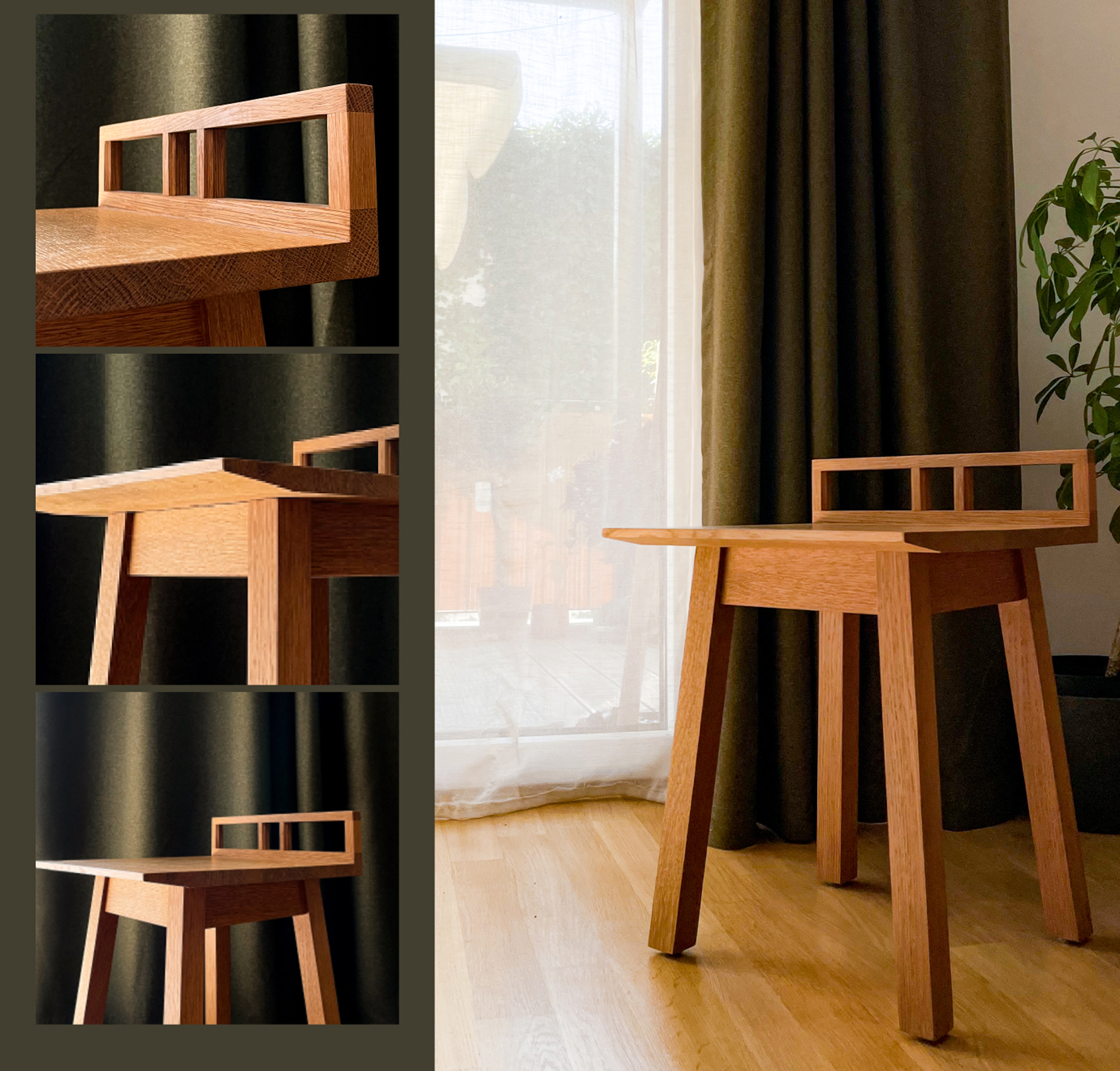 Three detail shots of the Nao stool stacked beside a full hero shot in a living room
