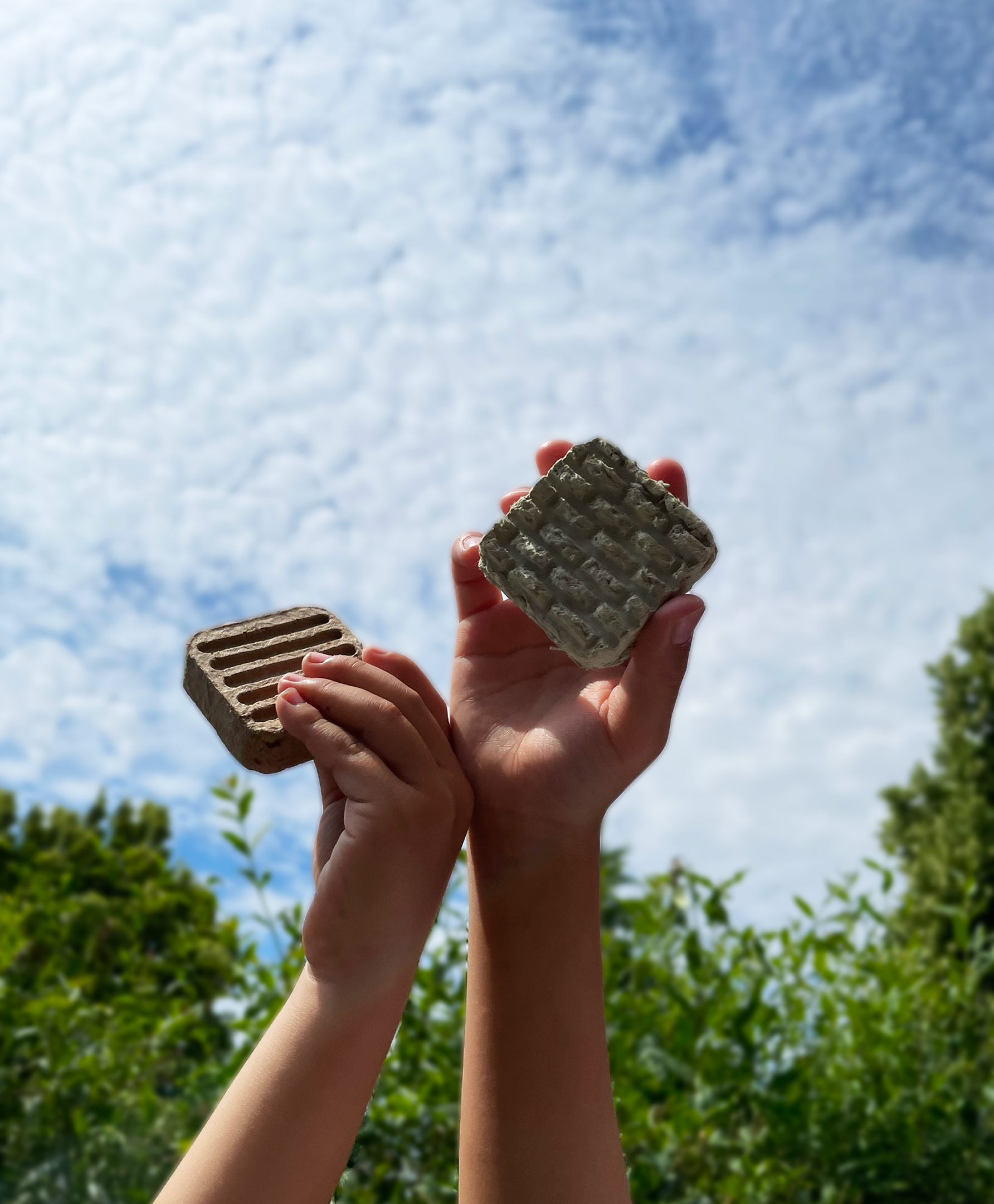 Palo case study — child holding two Palo paper blocks against the sky